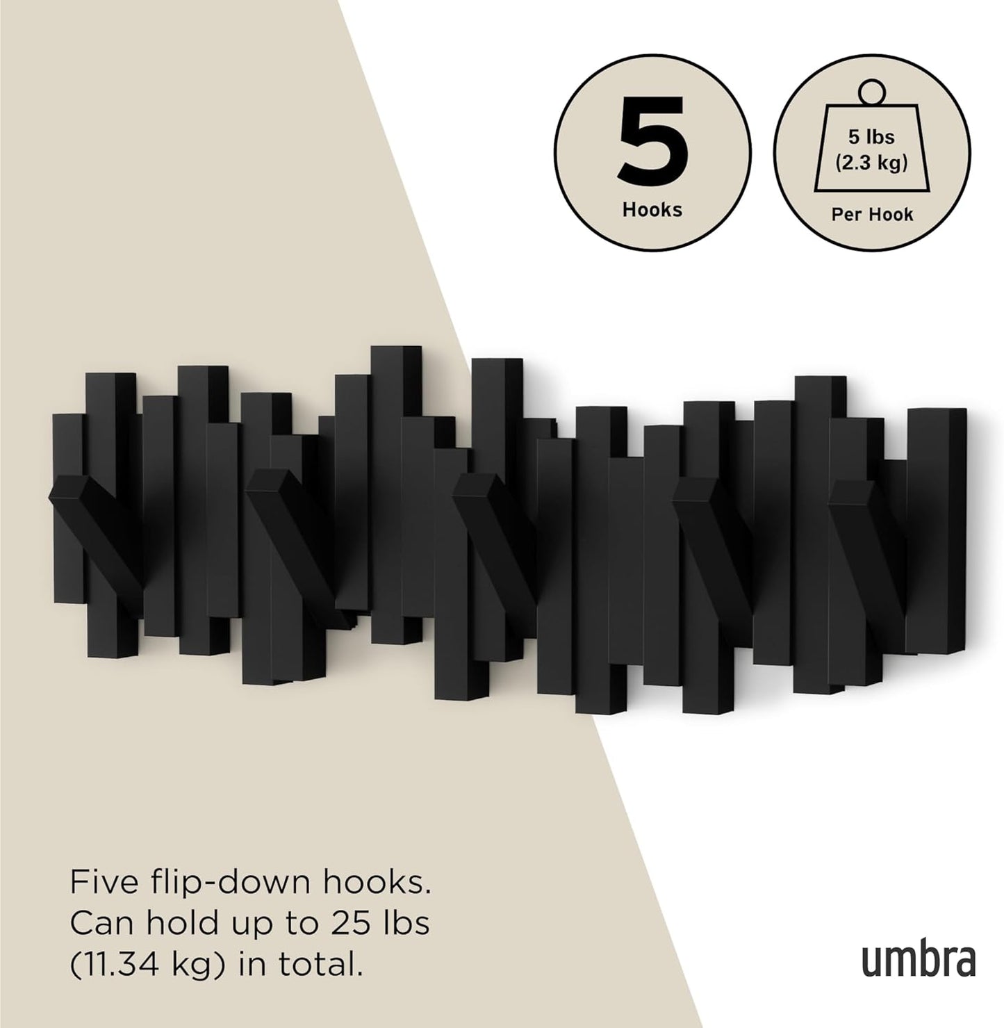 Umbra Sticks Multi Hook Coat Rack, Wall Mounted, Space Saving Coat Hook and Entryway Organizer for Home, Office or Dorm Room, Black