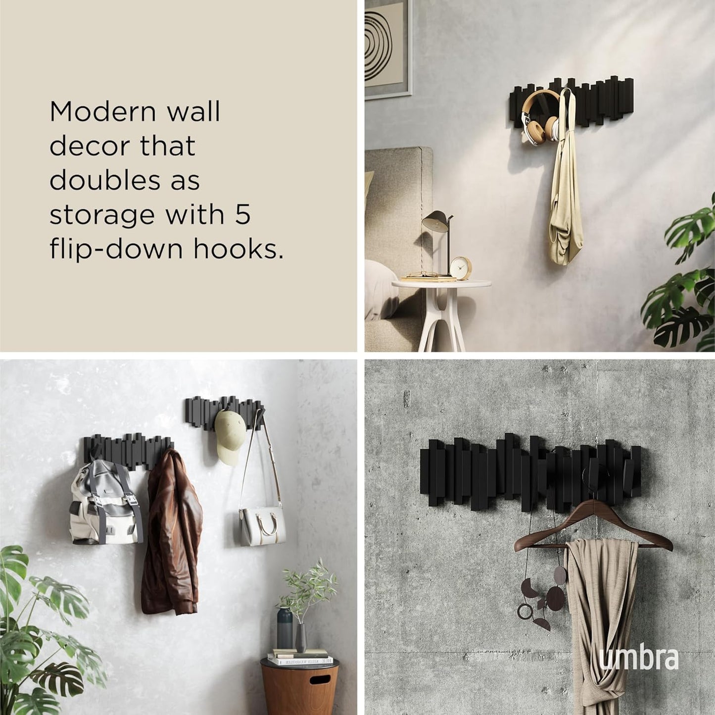 Umbra Sticks Multi Hook Coat Rack, Wall Mounted, Space Saving Coat Hook and Entryway Organizer for Home, Office or Dorm Room, Black